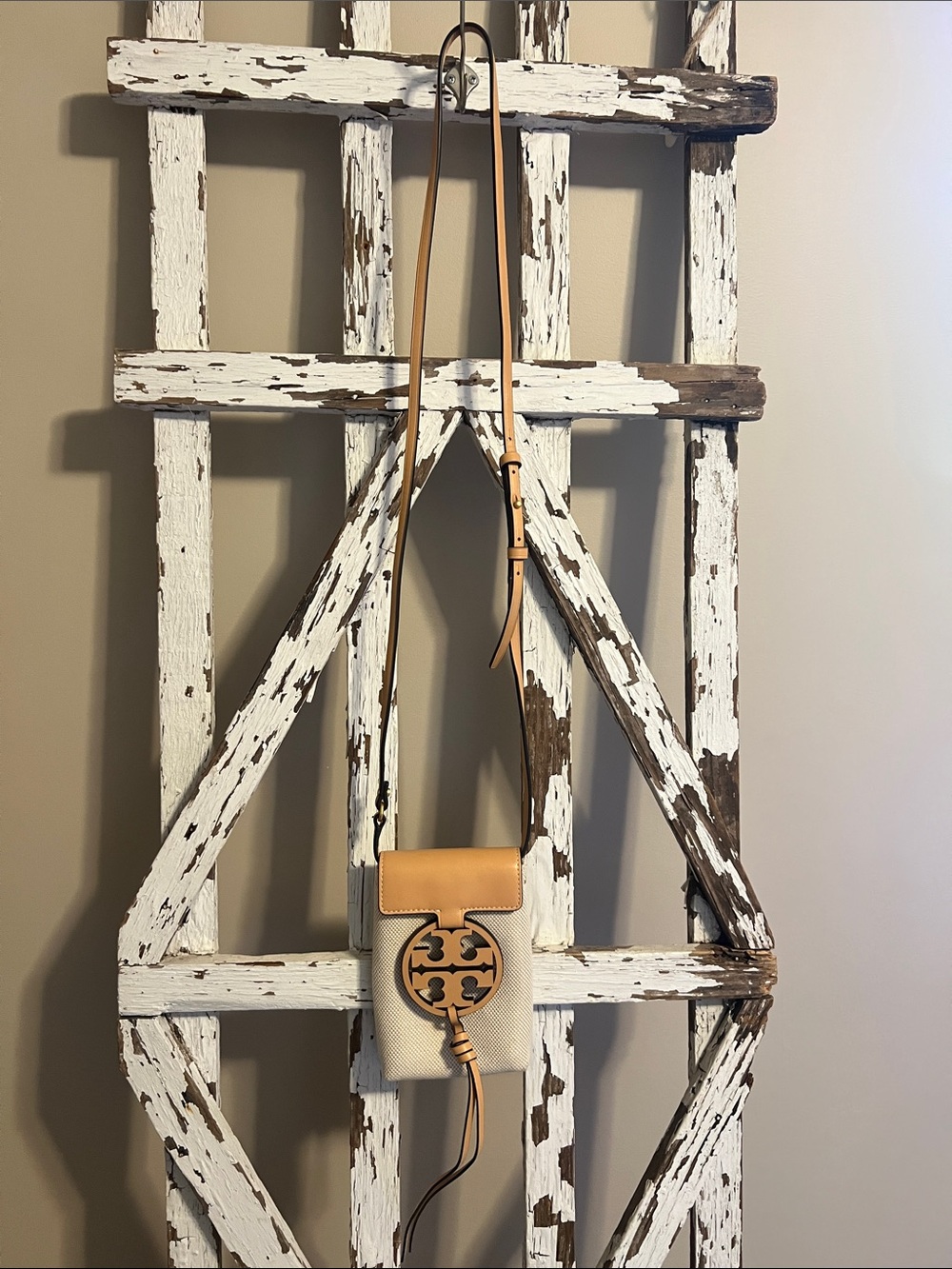 Tory Burch Tan and Beige Crossbody Phone Pouch with Logo